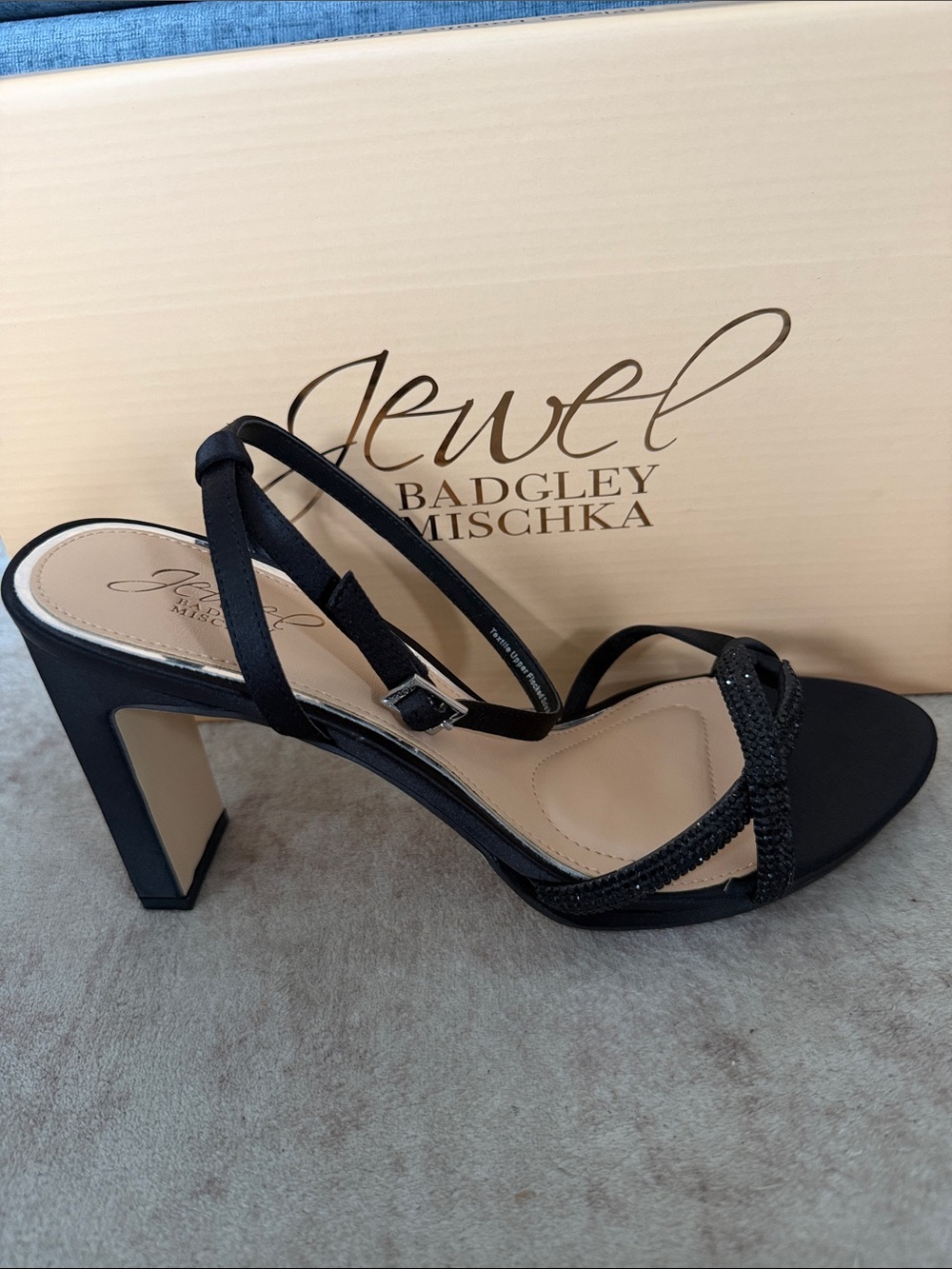 Jewel Badgley Mischka Fila Black Strappy Block Heel Sandal with Jewel Accents
